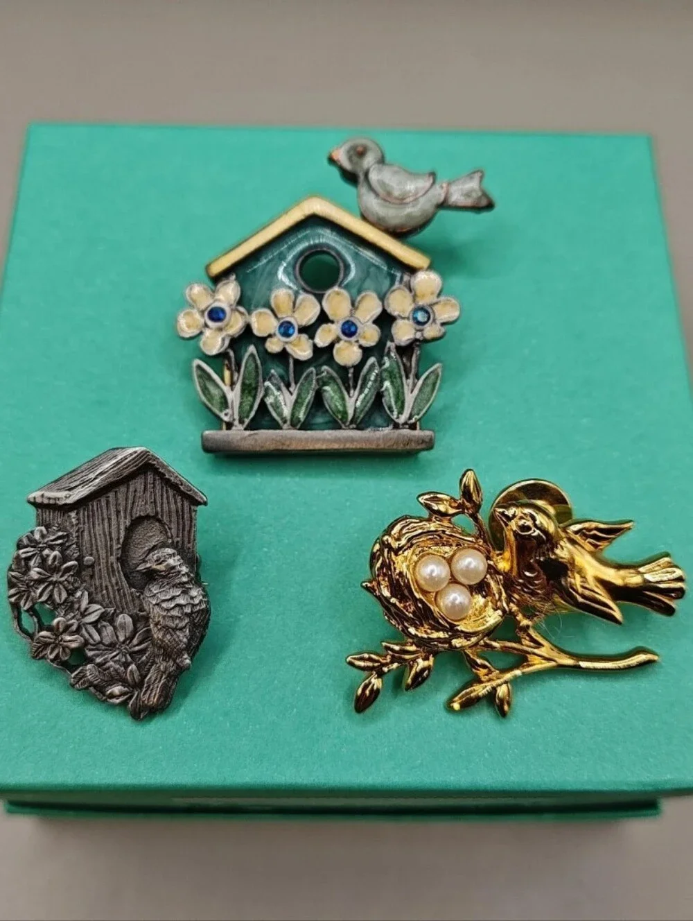 Vintage 2 Bird House Brooches 1 Bird Nest Lapel Hat Pin Birds & Bloom 90s TC